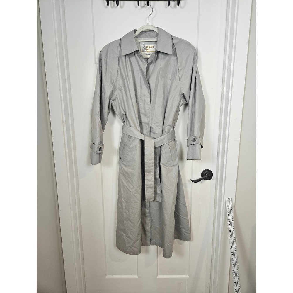London Fog Vintage Gray Trench Coat Belted Rain Jacket Petite 10 Made in USA